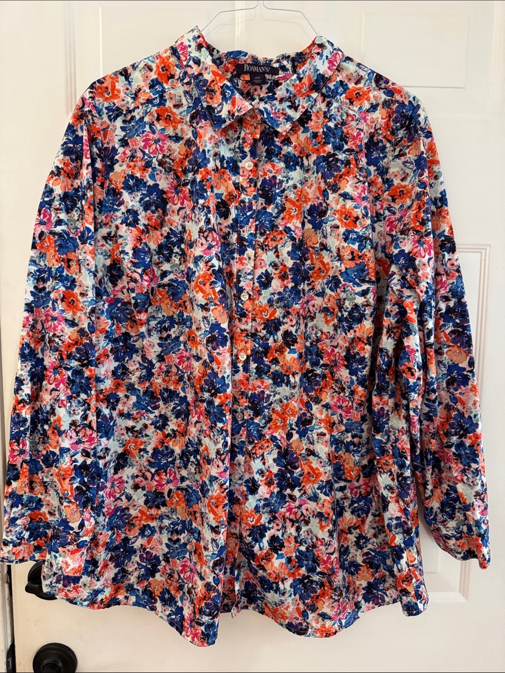 Roaman's Floral long sleeve Button-Front Blouse in blue, Orange & Pink Size 26W